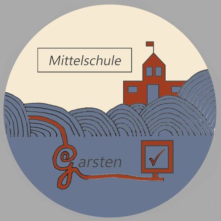 Illustration einer Schule mit einem Gebäude, einer Flagge und Wellen. Der Text 'Mittelschule' befindet sich über dem Gebäude. Der Text 'Garsten' ist unter den Wellen mit einem Häkchen geschrieben.