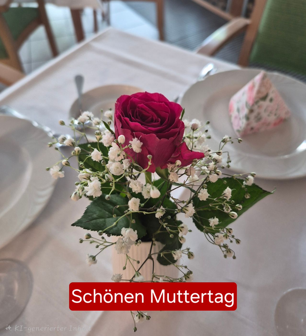 Ein Tisch mit weißer Tischdecke, Tellern und einer Vase mit einer roten Rose und weißen Blumen. Das Bild hat einen Wasserzeichen, der 'Schon Muttertag' sagt.