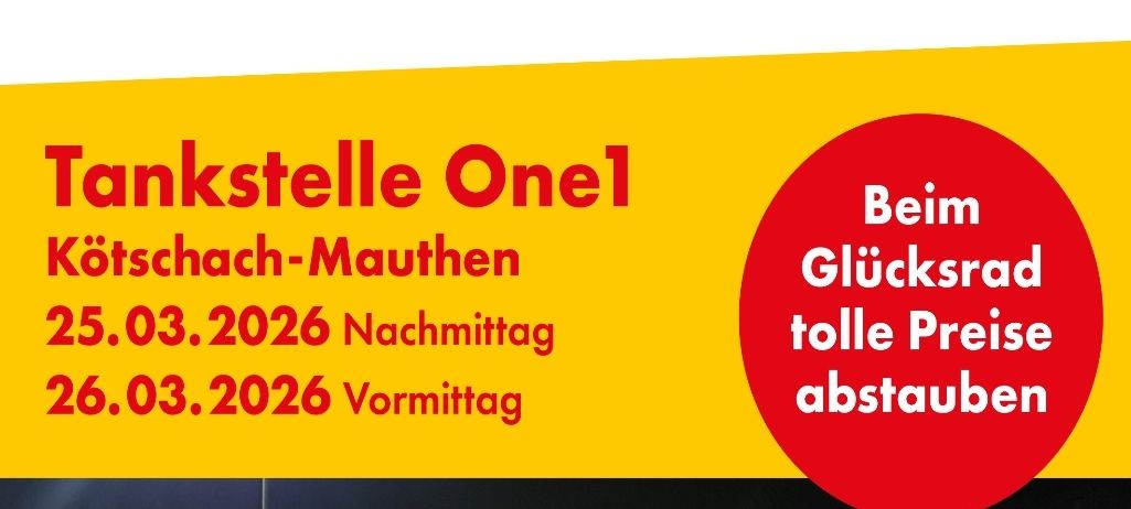 Werbung für eine Tankstellen-Veranstaltung, die eine Tankstelle bei Nacht zeigt, mit einem Schild 'Tankstelle One1' und einem Datum vom 25. und 26. März 2026. Die Veranstaltung verspricht Kraftstoff zu reduzierten Preisen.