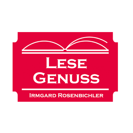 Ein rotes Logo für 'Lese Genuss' von Irmgard Rosenbiichler, mit einem offenen Buch und fettem Text.