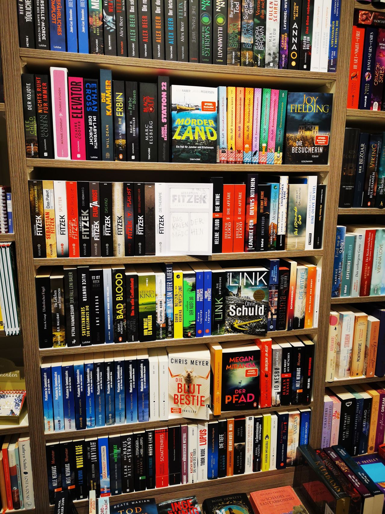 Ein hölzerne Bücherregal zeigt mehrere Bücher, darunter 'Der Aufzug' von Clare Mackintosh und 'Mordland' von Lee Child. Andere Bücher wie 'Link' von Linnea Hartsuyker und 'Kerzen für den Teufel' von Megan Miranda sind ebenfalls sichtbar.