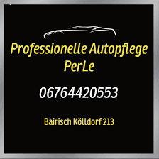 Ein schwarzer Hintergrund mit silbernem Rand zeigt ein Logo eines Autos und den Text 'Professionelle Autopflege PerLe', gefolgt von einer Telefonnummer '06764420553' und einer Adresse 'Bairisch Kolldorf 213'.