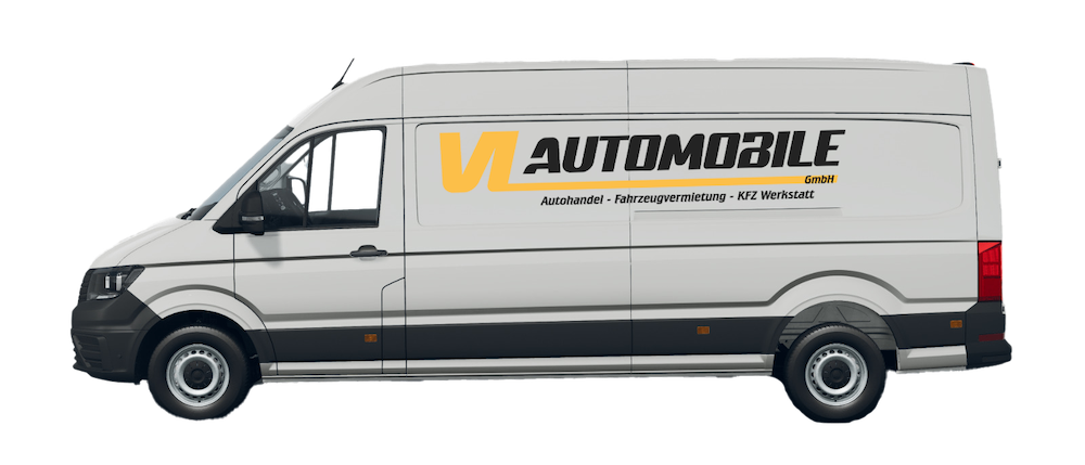 Ein weißer Van mit dem Wort Automobile auf der Seite. Der Van steht auf einem schwarzen Hintergrund.