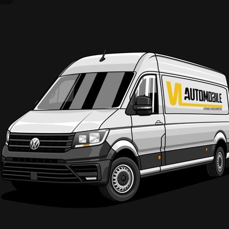 Illustration eines weissen Volkswagen-Transporters mit einem grossen gelben Logo, das auf der Seite 'AUTOMOBILE' steht. Der Van hat einen schwarzen Hintergrund.