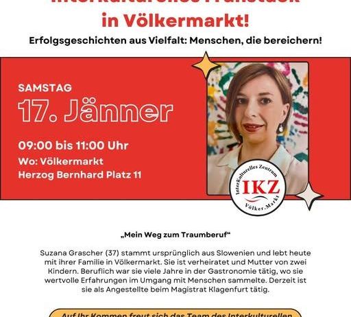 Plakat für ein interkulturelles Frühstückstreffen. Es zeigt eine Frau und die Details der Veranstaltung, einschließlich Datum, Uhrzeit und Ort.