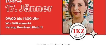 Plakat für ein interkulturelles Frühstückstreffen. Es zeigt eine Frau und die Details der Veranstaltung, einschließlich Datum, Uhrzeit und Ort.