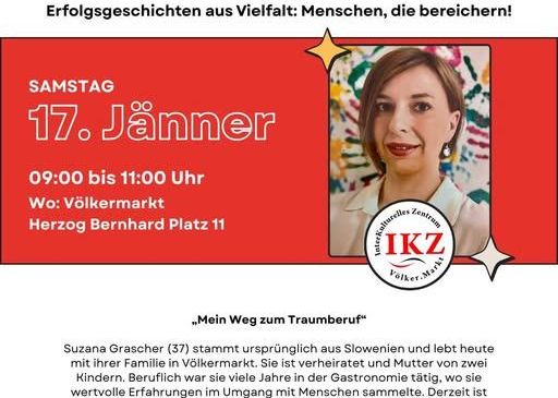 Plakat für ein interkulturelles Frühstückstreffen. Es zeigt eine Frau und die Details der Veranstaltung, einschließlich Datum, Uhrzeit und Ort.