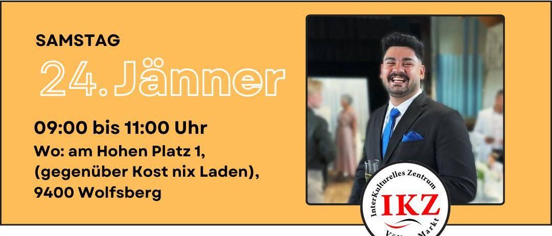 Plakat für ein interkulturelles Frühstück in Wolfsburg. Es zeigt ein Foto eines lächelnden Mannes und die Veranstaltungsdetails einschließlich Datum, Uhrzeit und Ort. Das Plakat enthält auch einen Zitat von einer Person namens Lazarus, der seine Erfahrung und Reise teilt.