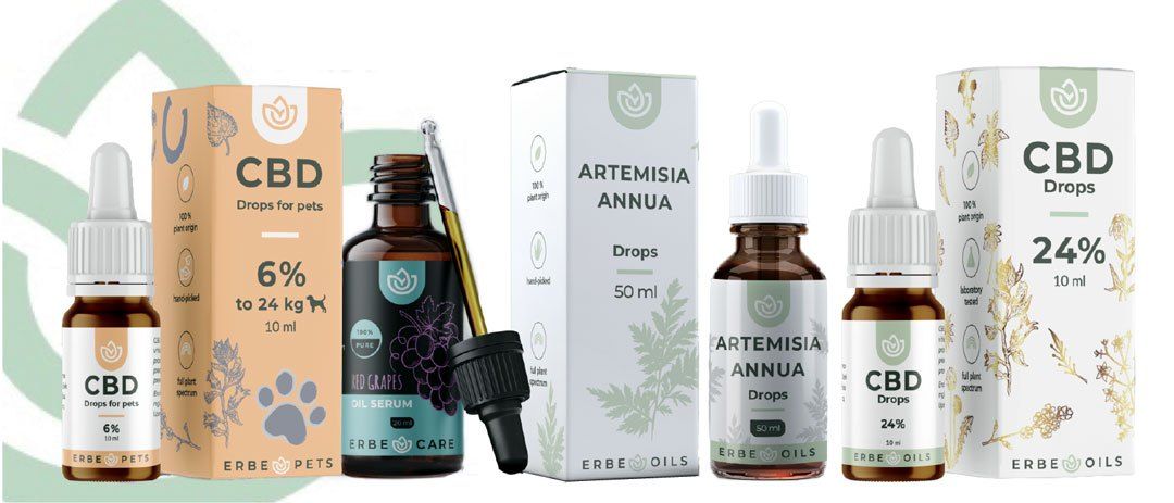 Eine Werbung für Erbetix zeigt verschiedene Produkte, darunter CBD-Tropfen für Haustiere, Artemisia annua-Tropfen und andere pflanzliche Öle. Die CBD-Tropfen sind für Haustiere bis zu 24 kg gekennzeichnet und enthalten 6% CBD.