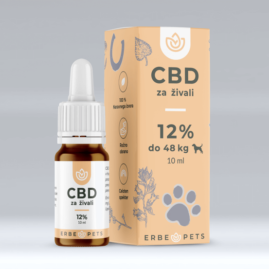 Eine Flasche CBD-Öl für Tiere von Erbe Pets mit 12% CBD, 10 ml. Die Box zeigt die Dosierung für Tiere bis 48 kg an.