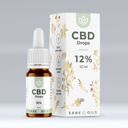 Eine Flasche CBD-Tropfen mit weißem Verschluss neben einer Schachtel mit 12% CBD, vollem Pflanzenspektrum.