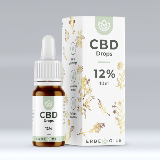 Eine Flasche CBD-Tropfen mit weißem Verschluss neben einer Schachtel mit 12% CBD, vollem Pflanzenspektrum.