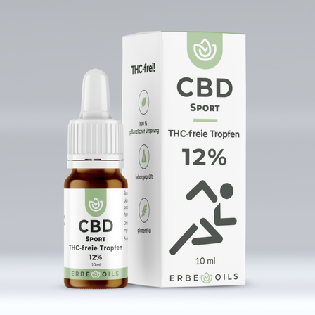 Eine Flasche CBD Sport Öl mit weißem Deckel steht neben ihrer Schachtel. Die Schachtel ist mit 'CBD Sport' und 'THC-freie Tropfen 12%' beschriftet. Die Flasche ist mit einer dunklen Flüssigkeit gefüllt und hat ein Etikett, das 'CBD Sport' und 'THC-freie Tropfen 12%' liest.