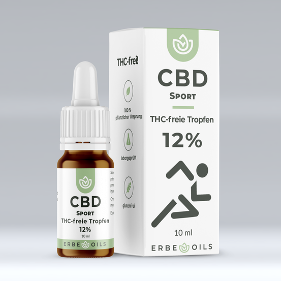 Eine Flasche CBD Sport Öl mit weißem Deckel steht neben ihrer Schachtel. Die Schachtel ist mit 'CBD Sport' und 'THC-freie Tropfen 12%' beschriftet. Die Flasche ist mit einer dunklen Flüssigkeit gefüllt und hat ein Etikett, das 'CBD Sport' und 'THC-freie Tropfen 12%' liest.