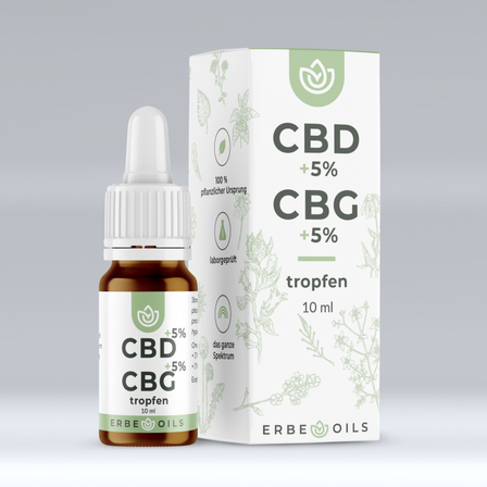 Eine Flasche CBD- und CBG-Öl mit Pipette und einer Schachtel desselben Produkts. Die Schachtel trägt die Aufschrift 'CBD +5% CBG +5% tropfen 10 ml' und zeigt ein pflanzenbasiertes Design.