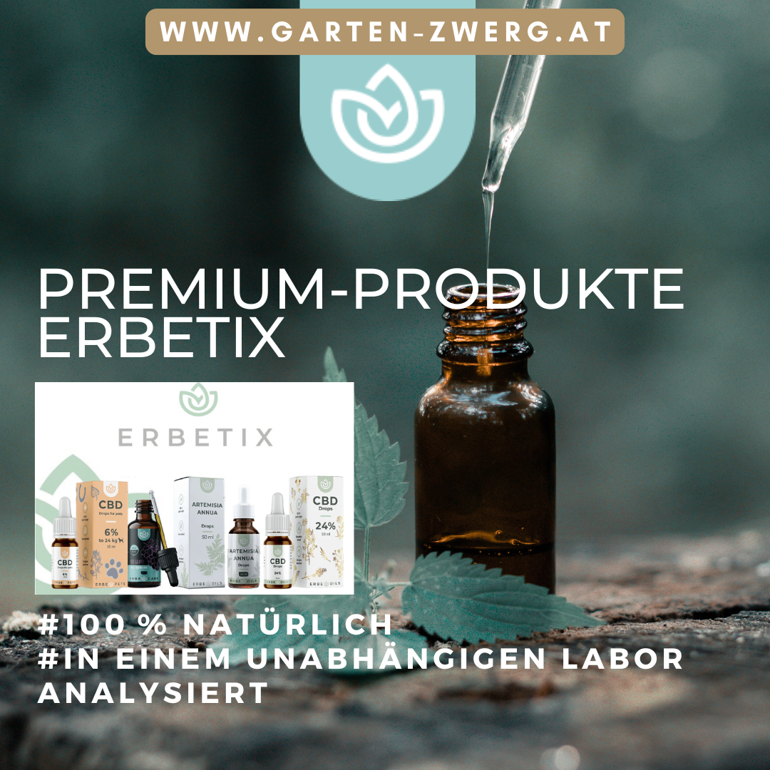 Eine Werbung für Premium-Produkte von Erbetix, die ihre 100% natürlichen und unabhängig laborgeprüften Produkte hervorhebt. Eine Flasche und verschiedene Produkte sind abgebildet.