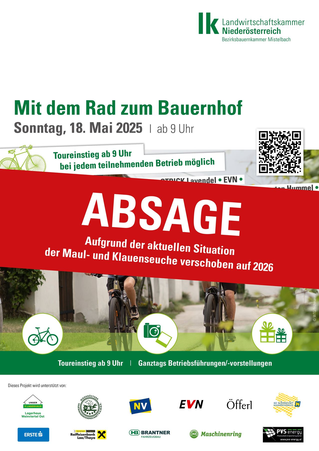 Veranstaltungsposter für eine Fahrradtour am Sonntag, 18. Mai 2025, ab 9 Uhr. Fahrradtour zum Bauernhof mit Teilnahmemöglichkeit teilnehmender Unternehmen. Veranstaltung aufgrund der aktuellen Situation auf 2026 verschoben.