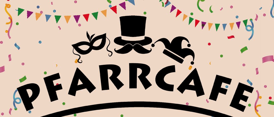 Festliche Grafik mit 'FARRACA' in großen schwarzen Buchstaben, einem Zylinder, einer Maske und einem Narrenhut. Bunte Konfetti und Flaggen schmücken den Hintergrund.