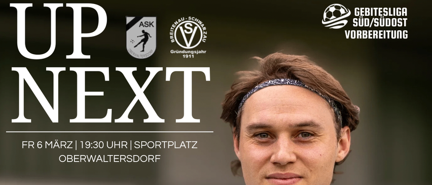 Plakat für ein Fußballspiel mit einem Mann in einem weiß-grünen Trikot mit den Worten 'UP NEXT' und Datum, Uhrzeit und Ort der Veranstaltung.