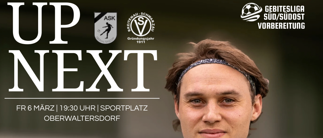 Plakat für ein Fußballspiel mit einem Mann in einem weiß-grünen Trikot mit den Worten 'UP NEXT' und Datum, Uhrzeit und Ort der Veranstaltung.