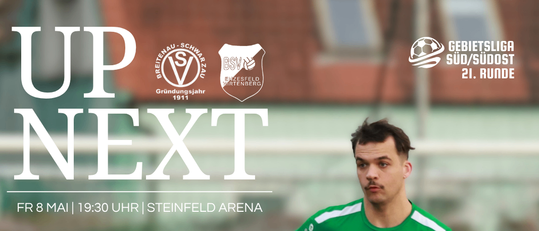 Fußballspieler in grüner Uniform auf dem Feld, Poster für das bevorstehende Spiel am 8. Mai im Steinfeld Arena um 19:30 Uhr.