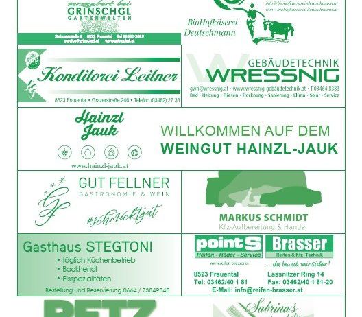 Eine Werbung für mehrere Unternehmen, darunter Dan Kucher, Leo, BioHaffhauserei, Wressnig, Hainzl Jaurk, Gut Fellner, Gasthaus Stegtoni, pointS Brasser und Druckhaus Stainz. Jedes Unternehmen hat seinen Namen und Kontaktdaten angezeigt.