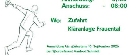 Ein Veranstaltungsflyer für den Österreichischen Freundschaftsbund Frauental. Es zeigt einen Mann, der einen Diskus wirft, mit Details zum Veranstaltungsdatum, zur Anmeldung und Kontaktinformationen. Der Flyer enthält auch eine Zeichnung eines Wagens mit Essen und Getränken.