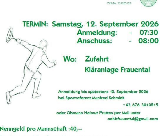 Ein Veranstaltungsflyer für den Österreichischen Freundschaftsbund Frauental. Es zeigt einen Mann, der einen Diskus wirft, mit Details zum Veranstaltungsdatum, zur Anmeldung und Kontaktinformationen. Der Flyer enthält auch eine Zeichnung eines Wagens mit Essen und Getränken.