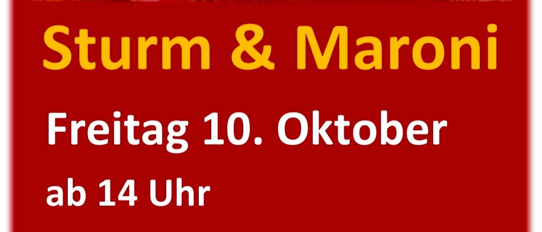 Plakat für eine Lebensmittelveranstaltung mit Kastanien und einem Getränk, geplant für Freitag, den 10. Oktober, ab 14 Uhr, mit Hintergrund von Herbstblättern und klarem Himmel.