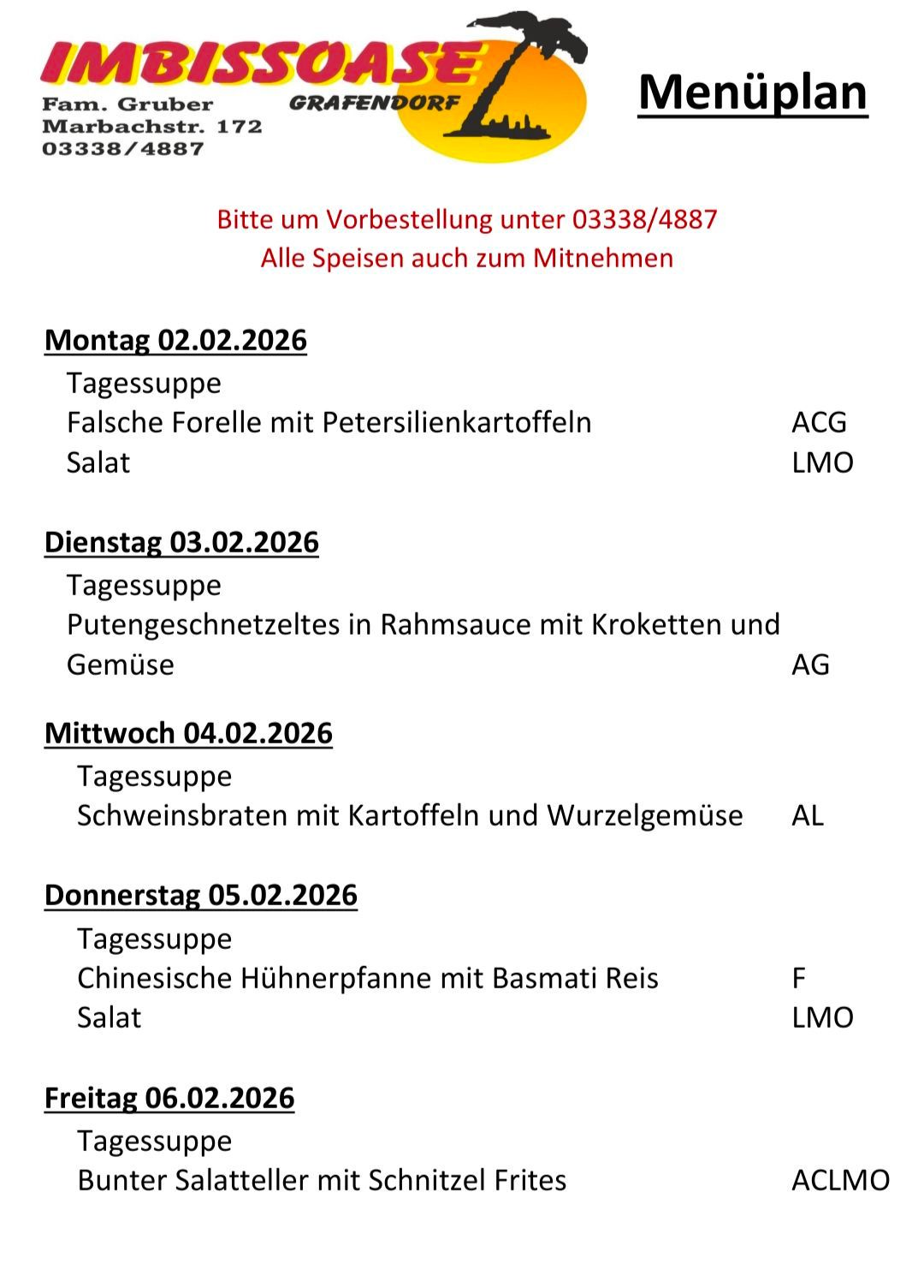 Ein wöchentlicher Essensplan für den 2. Februar 2026 umfasst eine Vielzahl von Gerichten wie Falsche Forelle mit Petersilienkartoffeln und Salat. Am 3. Februar gibt es Putengeschnitzeltes in Rahmsauce mit Kroketten und Gemüse. Am 4. Februar stehen Schweinebraten mit Kartoffeln und Wurzelgemüse auf dem Plan. Am 5. Februar gibt es chinesisches Hühnchen mit Basmati Reis und Salat. Der 6. Februar bietet eine Möglichkeit zur Essensreservierung.