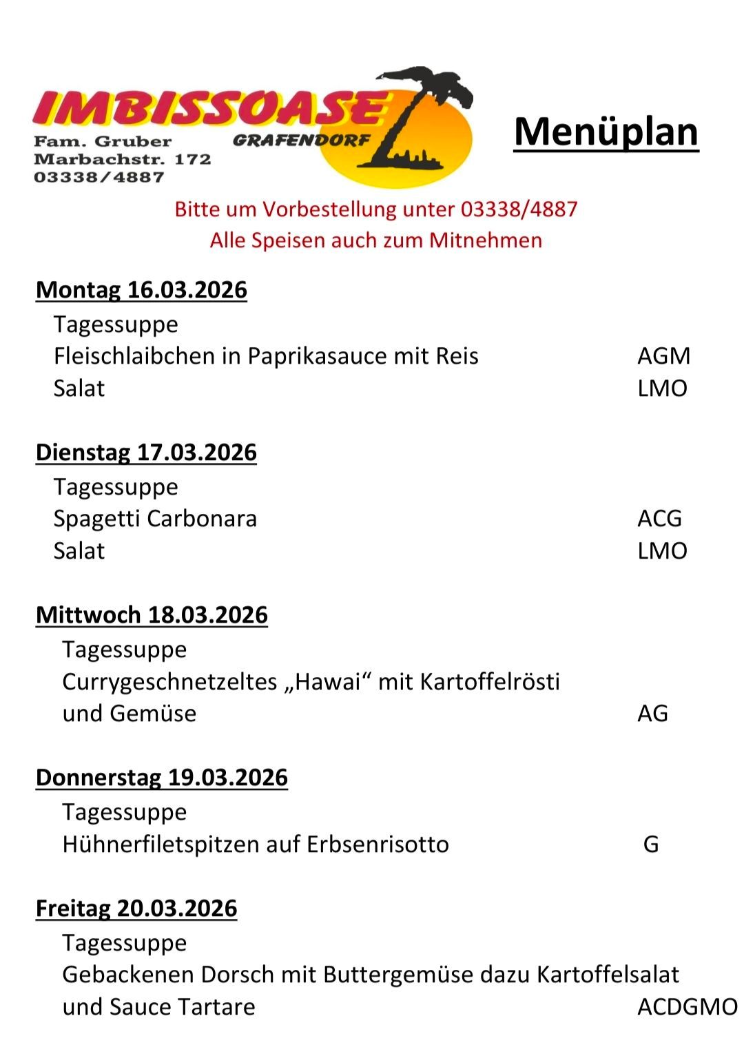 Ein Menü mit verschiedenen Gerichten für vier aufeinanderfolgende Tage. Jeder Tag hat ein anderes Hauptgericht, und alle Mahlzeiten können zum Mitnehmen bestellt werden. Die Adresse und Kontaktnummer sind oben angegeben.