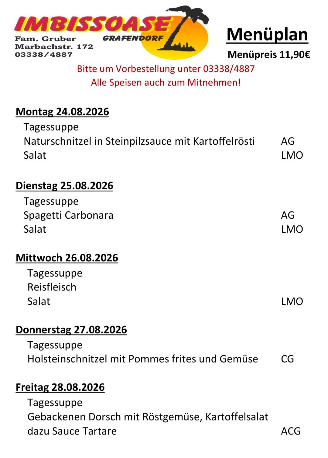 Ein Menü für die Woche vom 24. bis 28. August 2026 mit täglichen Mittagsangeboten und Preisen.