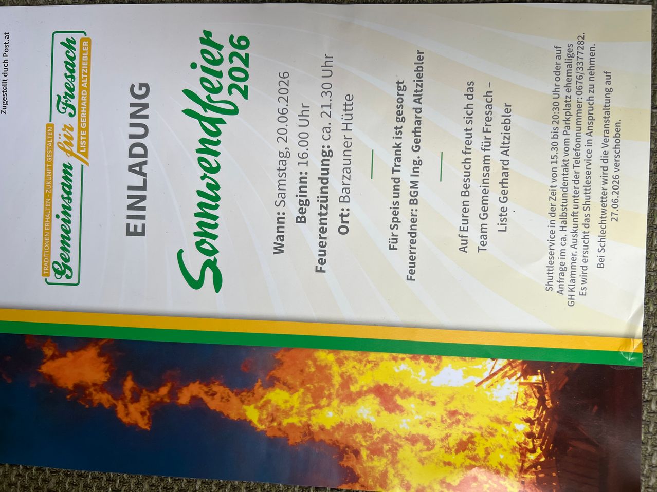 Plakat für den Sommerfeuer 2026. Datum: 20. Juni 2026. Ort: Barzauer Hutte. Beginn: 16:00. Feuertanzteam von Eurem sucht frische Luft.