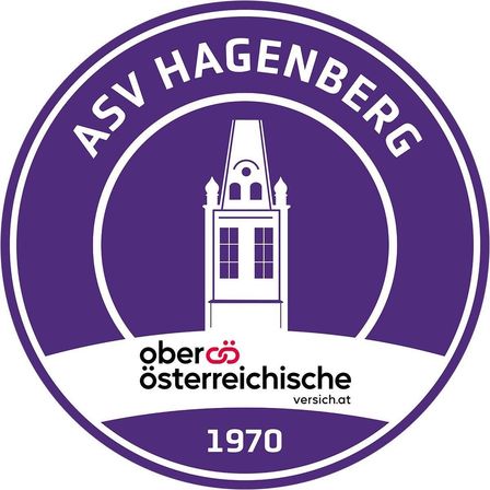 ASV Hagenberg Logo mit einem weißen Gebäude und Turm, und dem Text 'ASV Hagenberg' in weiß. Darunter sind 'Oberosterreichische' und '1970' in weiß auf einem lila Hintergrund geschrieben.