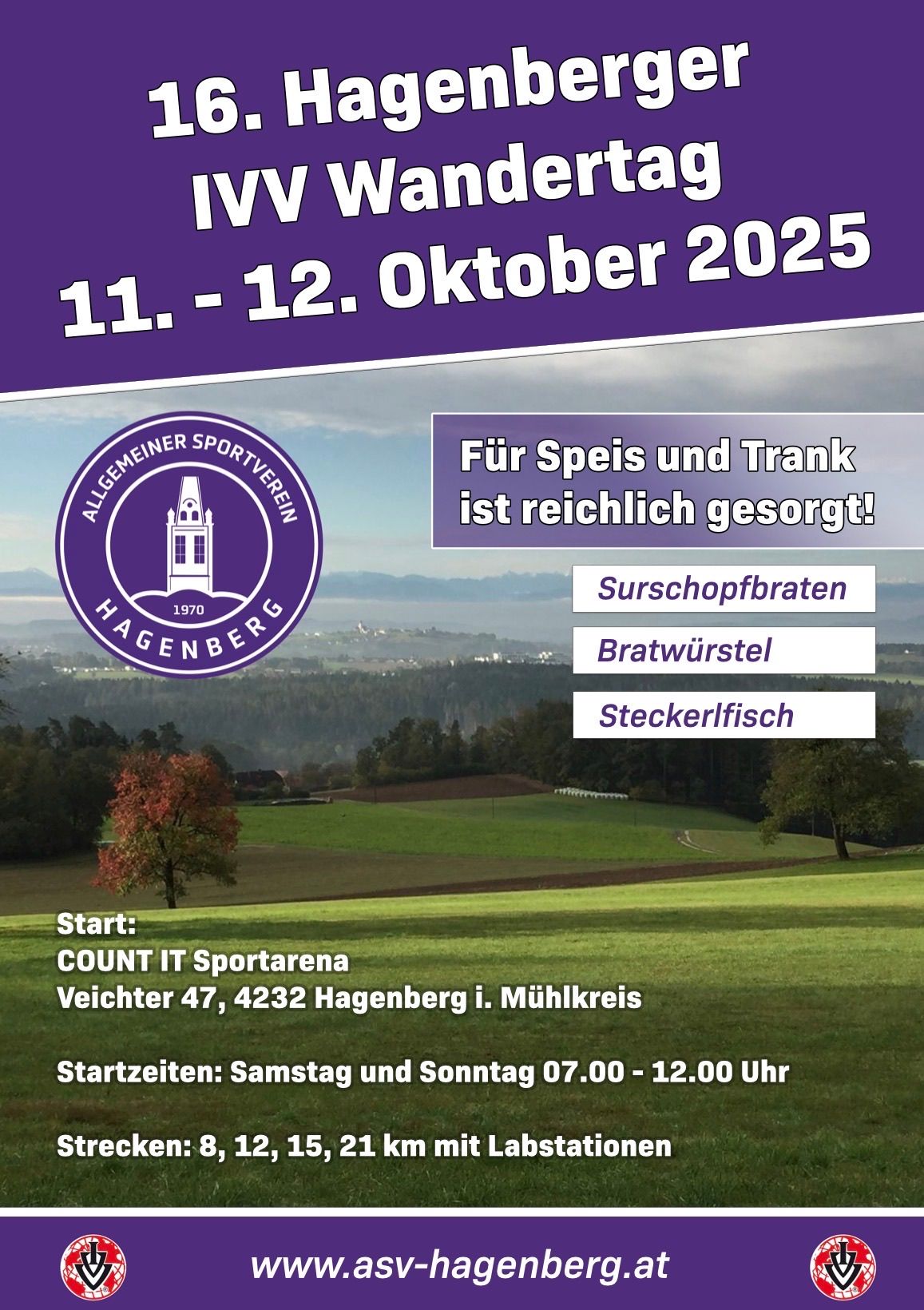 Plakat für den 4. Hagenberger Fischerwettbewerb, 11.-12. Oktober 2025. Es zeigt eine Landschaft mit grünen Feldern, Bäumen und Bergen. Essen und Getränke sind verfügbar.