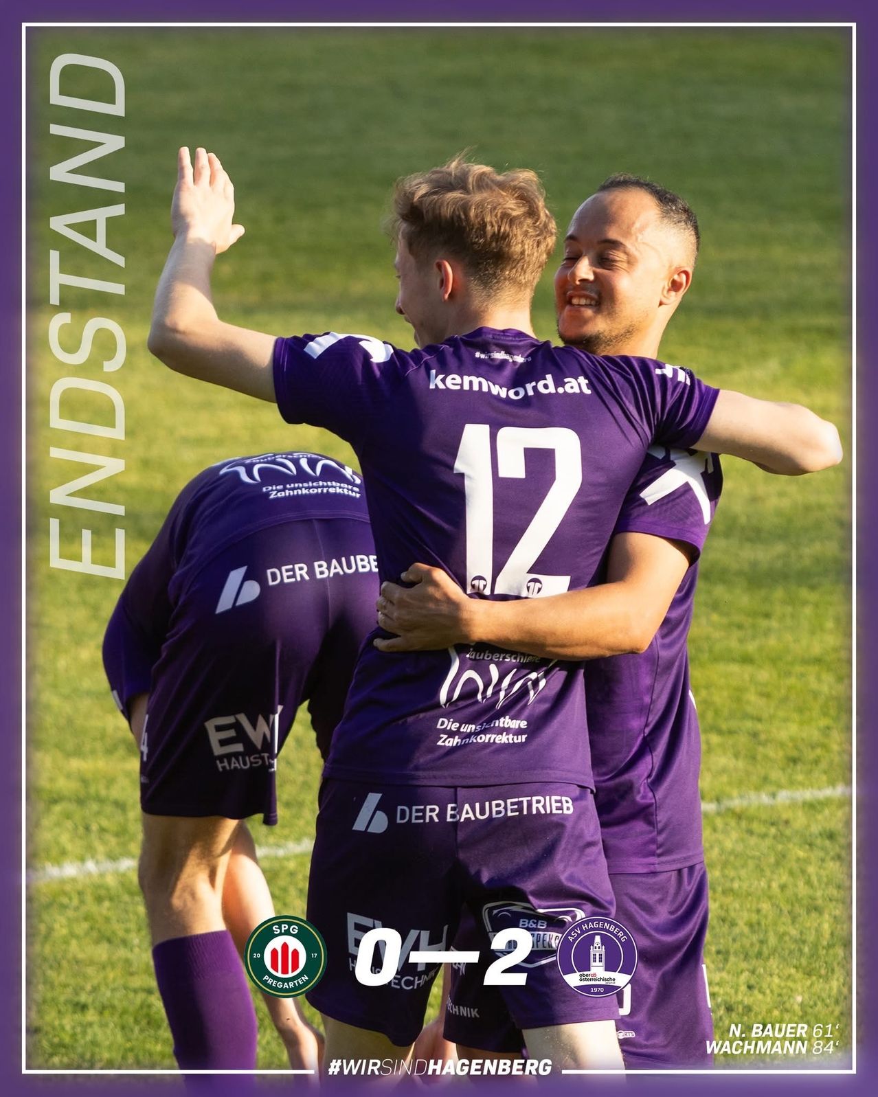 Three soccer players in purple uniforms celebrate on a field. One player has the number 12 on his jersey. The text on the top left reads 'ENDSTANDAN.' The image shows a score of 0-2.
