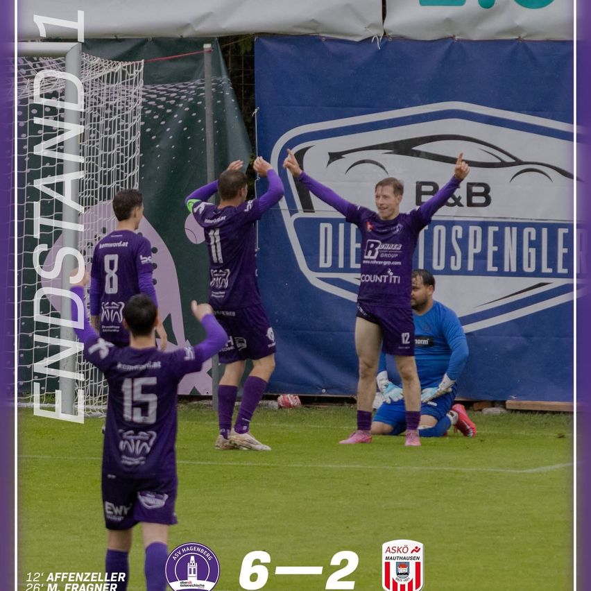 Soccer players in purple uniforms celebrate a goal on a green field. The score is 6-2, with one player wearing the number 15.