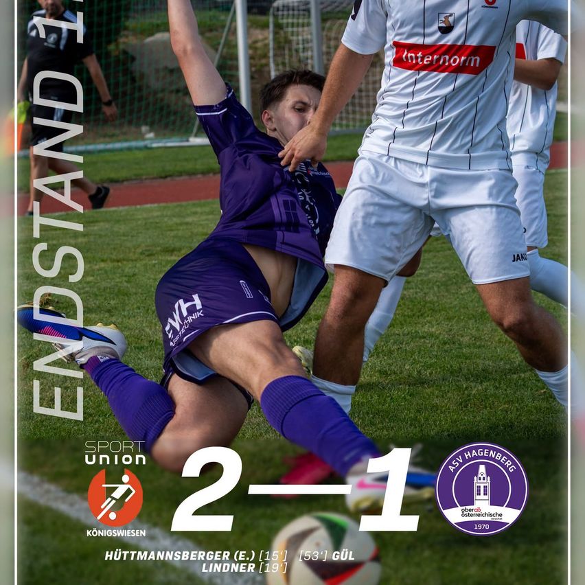 A soccer player in a purple jersey is falling to the ground while another player in a white jersey is blocking him. The image also includes the score 2-1 and the names of the players.
