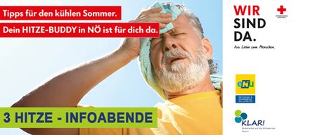 Eine Anzeige zeigt einen Mann mit einem Handtuch auf dem Kopf. Der Text lautet 'Dein HITZE-BUDDY in NÖ ist für dich da.' Der Hintergrund ist weiß mit blauen und roten Akzenten. Rechts ist ein Logo für KLAR!.