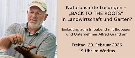 Einladung zum Infoabend mit Unternehmer Alfred G am 20. Februar um 19 Uhr. Das Bild zeigt einen Mann mit einer Kappe.