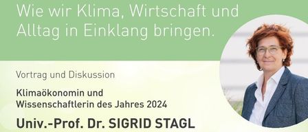 Poster advertising a climate, economy, and business discussion with Sigrid Stagl, featuring her image and title as Professor and Economist of the Year 2024.