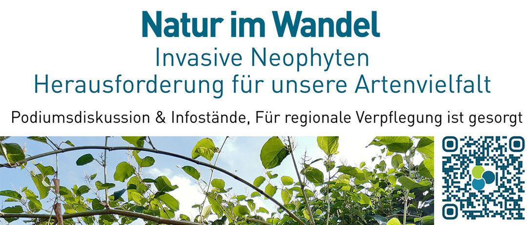 Ein weißes Poster mit blauem Text betitelt 'Natur im Wandel' diskutiert invasive Neophyten und zeigt ein Bild einer Pflanze mit grünen Blättern.