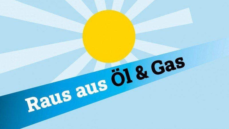 Ein blauer Banner sagt 'Rausch aus öl & Gas' mit einer Sonne im Hintergrund.