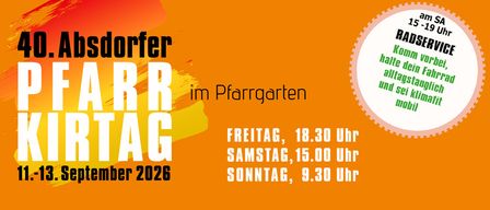 Postdorfer Pfarrgarten Veranstaltungsposter mit Terminen und Zeiten für September 2026. Oranger Hintergrund mit weißen und gelben Farbspritzern.