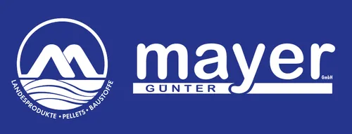 Das Logo für Mayer Gunter, ein Unternehmen, das sich auf Produkte, Pellets und Holzspäne spezialisiert hat, auf blauem Hintergrund dargestellt.