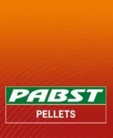 Das Bild zeigt ein Logo mit dem Text 'PABST PELLETS' auf einem orange-roten Gradientenhintergrund. Das Logo hat ein grünes und rotes Farbschema.