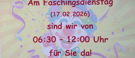 Poster announces a service on Shrove Tuesday, February 17, 2026, from 6:30 AM to 12:00 PM. A clown graphic is included.