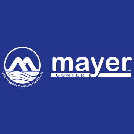 Das Logo von Mayer Gunter GmbH auf blauem Hintergrund. Es zeigt ein Wasserwellensymbol und den Markennamen.