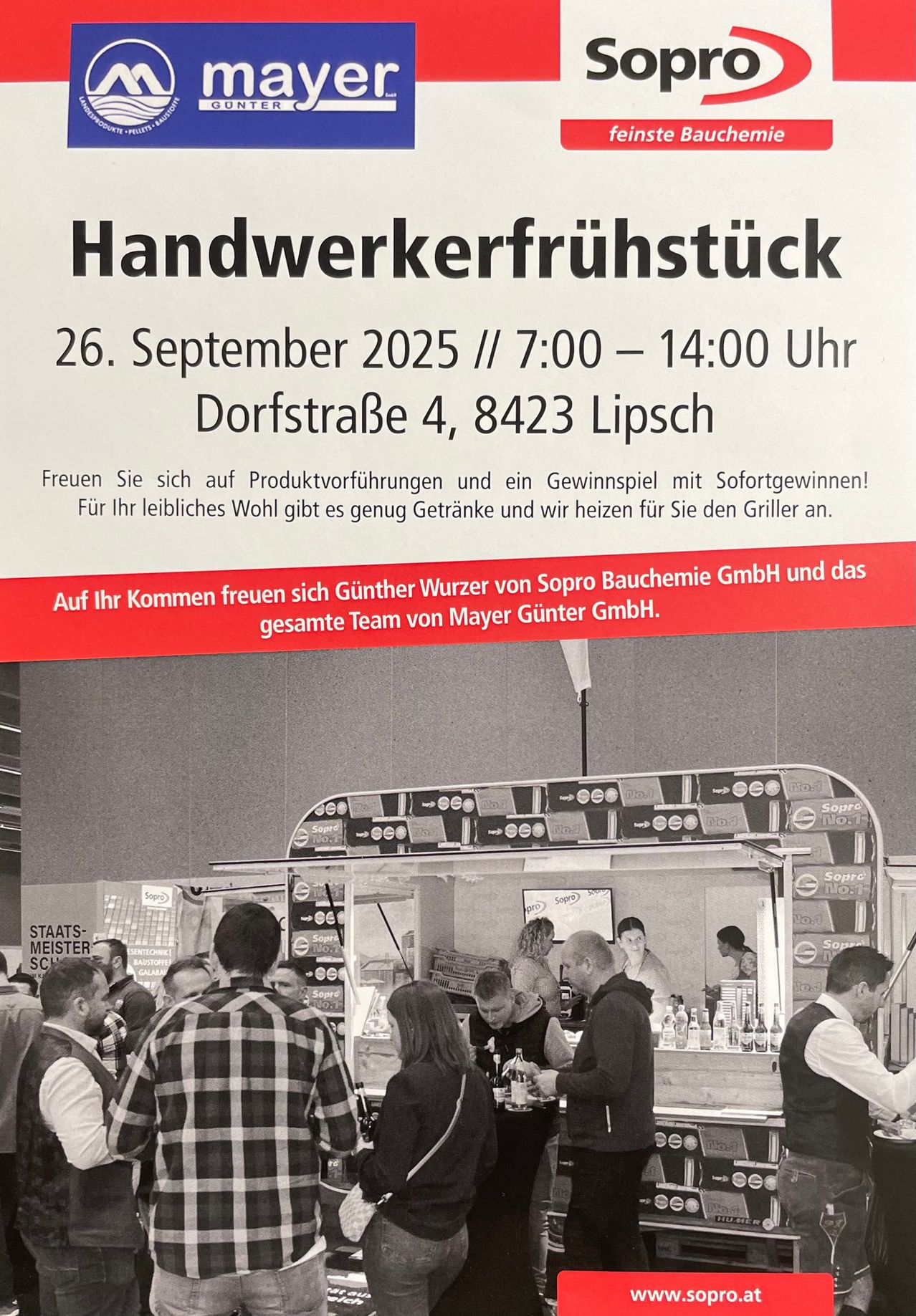 Ein Schwarz-Weiß-Foto zeigt einen Imbisswagen mit Kunden. Über dem Foto steht eine deutsche Ankündigung für ein 'Handwerkerfruhstuck'-Event am 26. September 2025 von 7:00 bis 14:00 Uhr in Dorfstraße 4, 8423 Lipsch.