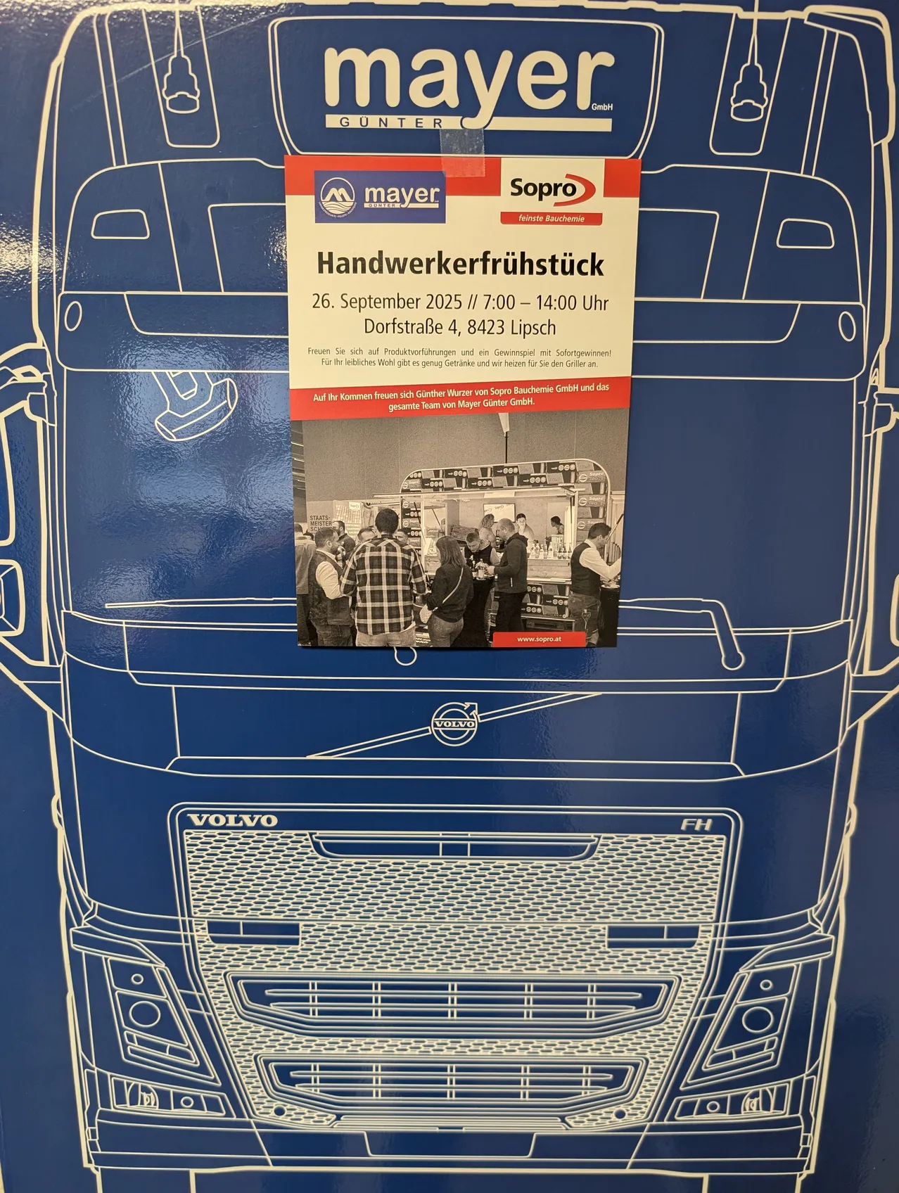 Plakat zur Werbung für ein Handwerkerfruhstuck-Event am 26. September 2025 von 7:00 Uhr bis 14:00 Uhr in Dorfstraße 4, 8423 Lipsch. Das Event beinhaltet eine Wurst- und Getränkepreisvergabe.